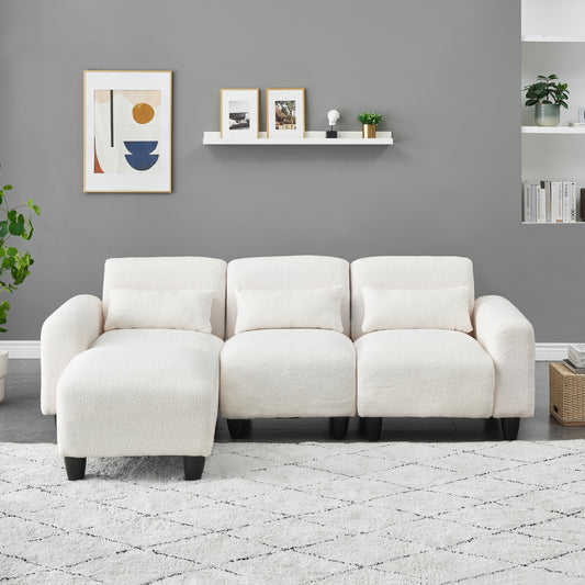 The 84.6-inch beige teddy fleece creative sofa can be assembled into a two-seater sofa plus a single couch with three waist pillows to perfectly stretch your waist for small apartment bedroom Spaces