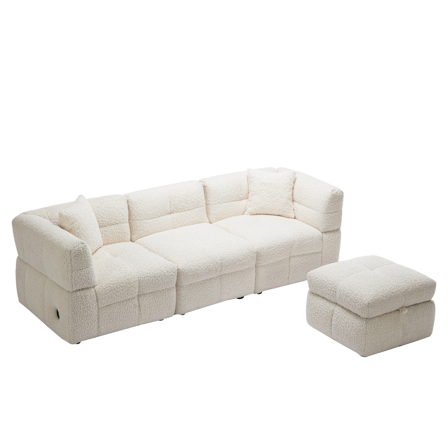 87.7" Sectional Sofa Cozy Teddy Fleece Fabric Sectional Sofa Couch with Two USB Ports a Movable Storage Ottoman and Two Lumbar Pillows for Living Room, Creamy White