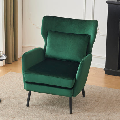 Velvet Accent Chair, Modern Living Room Armchair Comfy Upholstered Single Sofa Chair for Bedroom Dorms Reading Reception Room with Metal Legs & Pillow, Green