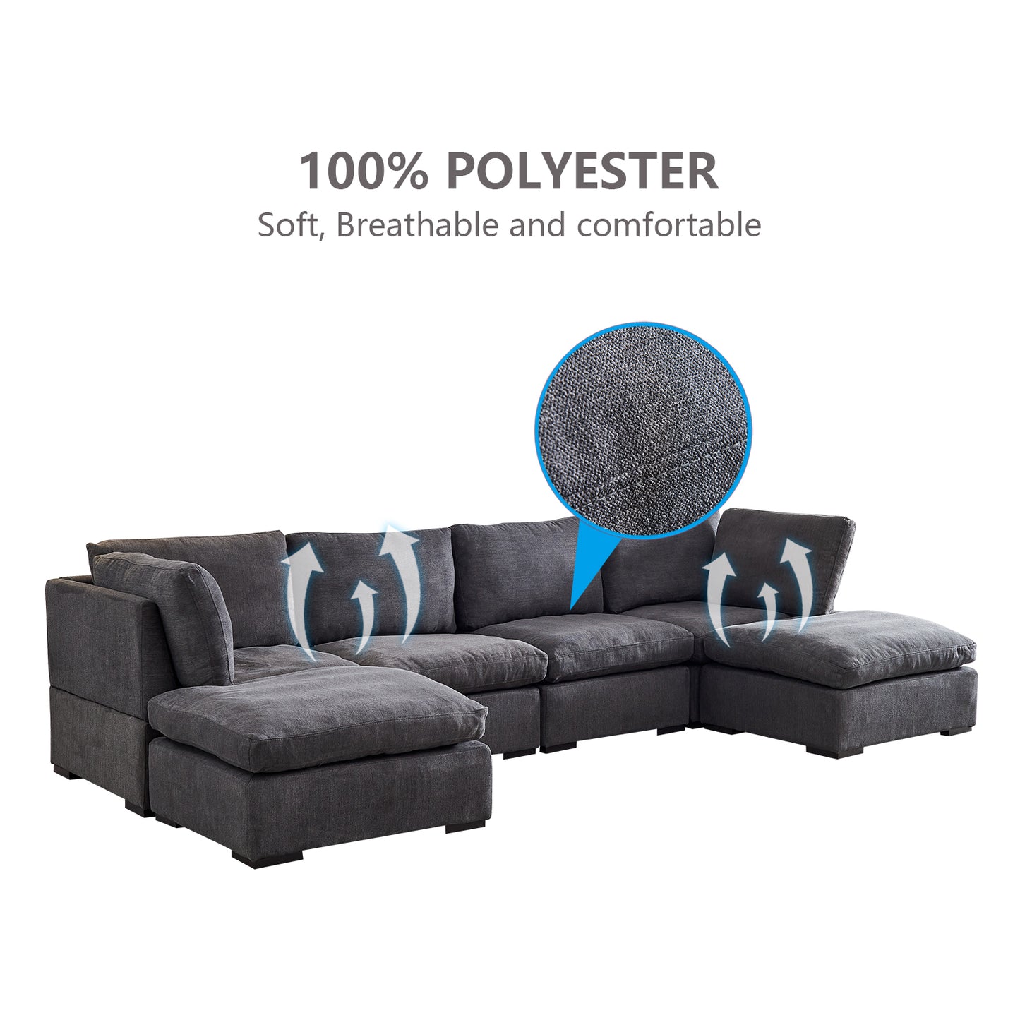 Modular Sofa with Ottoman,Filled with Down,Soft Linen Fabric,Dark Grey