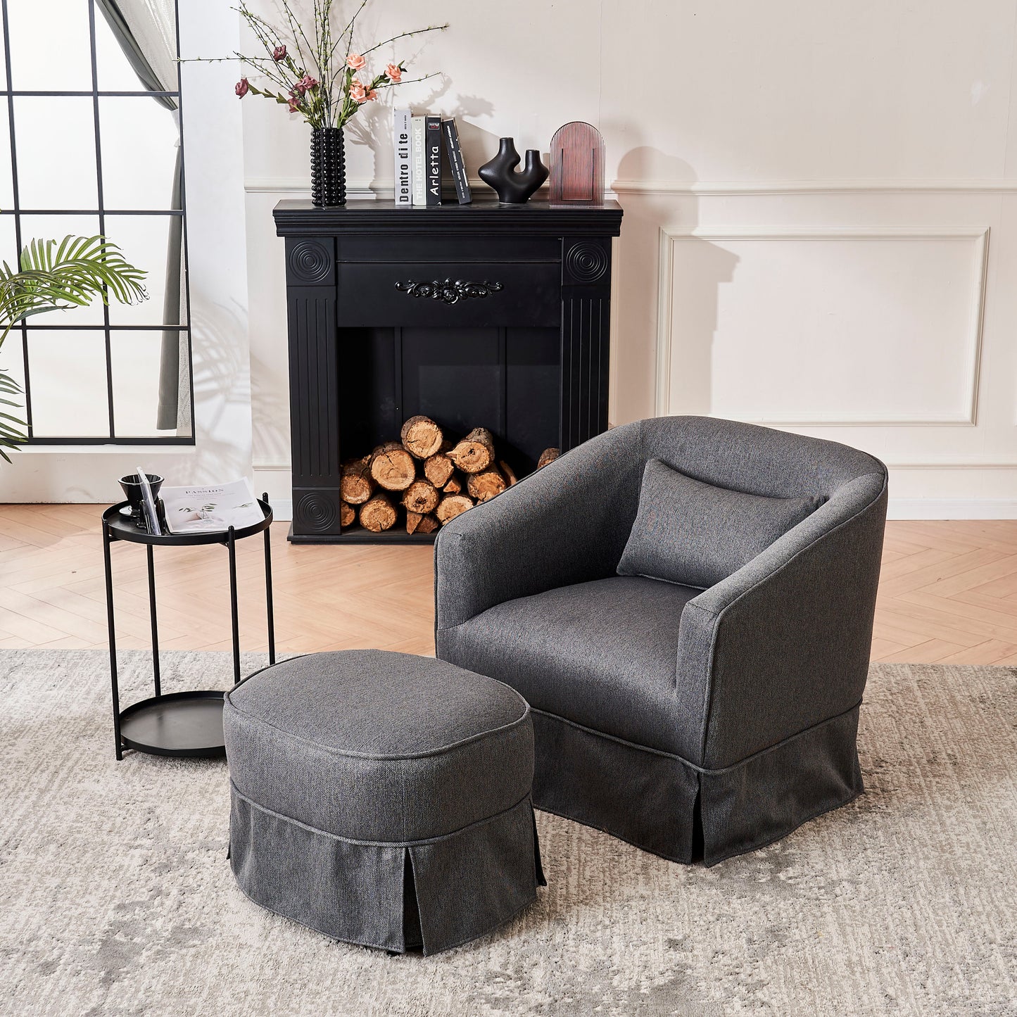 Swivel Barrel Chair With Ottoman, Swivel Accent Chairs Armchair for Living Room, Reading Chairs for Bedroom Comfy, Round Barrel Chairs with Black Metal Base (Dark Grey)