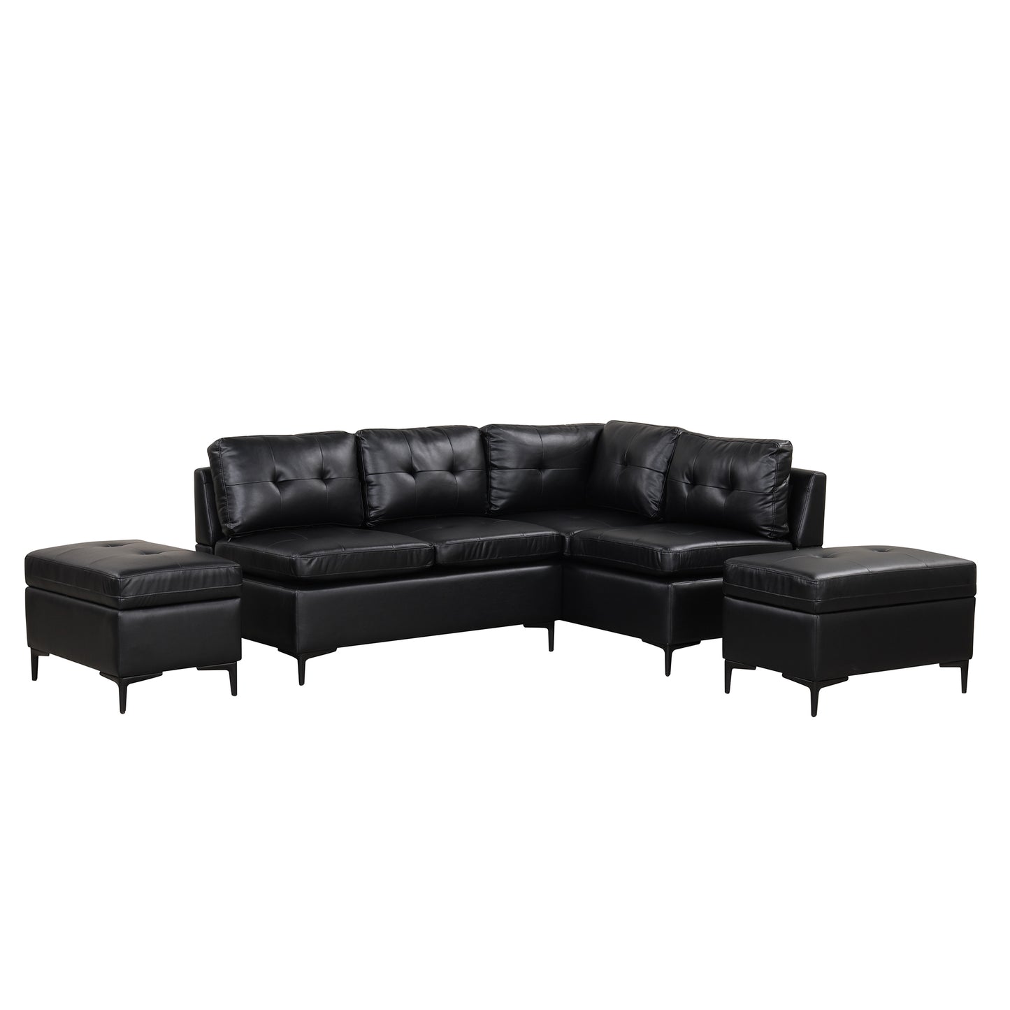 94.88" L-Shaped Corner Sofa Pu Leather Sectional Sofa Couch with Movable Storage Ottomans for Living Room, Black