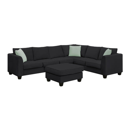 112*87" Sectional Sofa Couches Living Room Sets, 7 Seats Modular Sectional Sofa with Ottoman, L Shape Fabric Sofa Corner Couch Set with 3 Pillows, Black