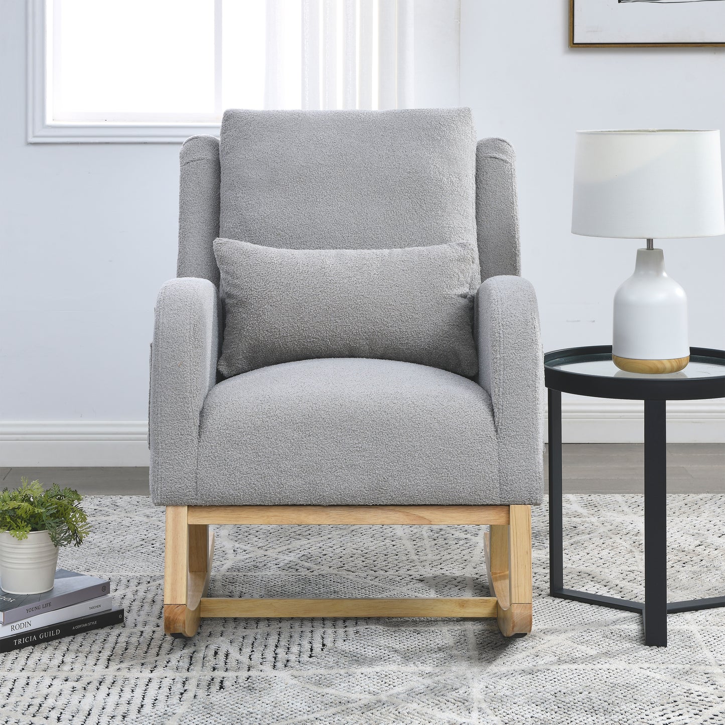 27.5 "W Modern Accent High Back Living Room Casual Armchair Rocker with One Lumbar Pillow, Two Side Pockets,Teddy.