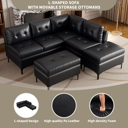 94.88" L-Shaped Corner Sofa Pu Leather Sectional Sofa Couch with Movable Storage Ottomans for Living Room, Black