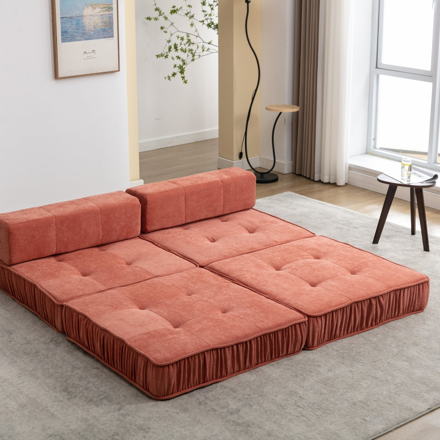 Folding Sofa Bed, Futon Sleeper Chair, Convertible Chair Floor Couch & Sleeping Mattress for Living Room, Guest Room, Home Office, Apartment, Small space, Bed, Removable Back Cushion, Orange, 1 Seat