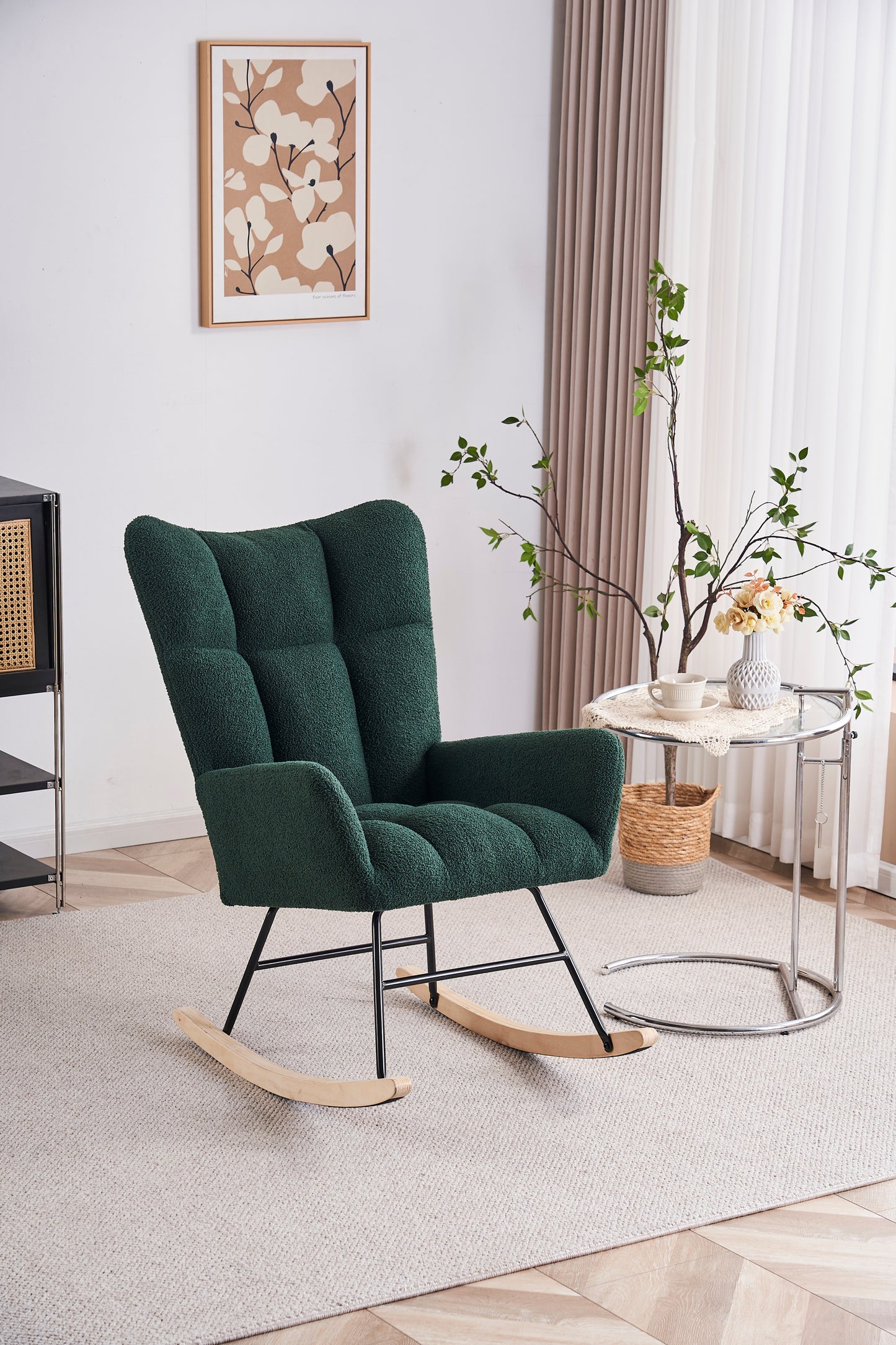 Rocking Chair Nursery, Solid Wood Legs Reading Chair with Teddy Fabric Upholstered, Nap Armchair for Living Rooms, Bedrooms, Offices, Best Gift,Emerald Teddy fabric