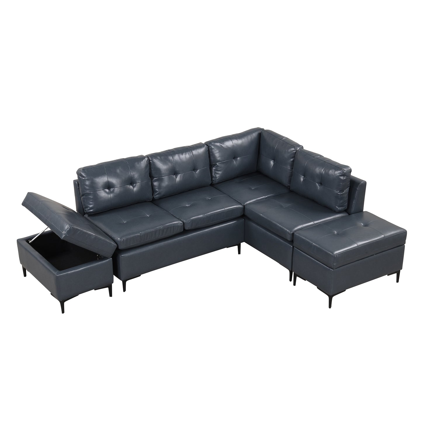 94.88" L-Shaped Corner Sofa Pu Leather Sectional Sofa Couch with Movable Storage Ottomans for Living Room, Blue