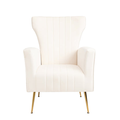 Velvet Accent Chair, Wingback Arm Chair with Gold Legs, Upholstered Single Sofa for Living Room Bedroom, White