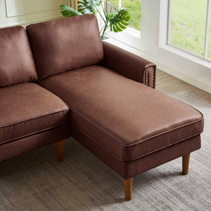 82.2"L-Shape Sofa Couch with Chais Mid-Century Copper Nail on Arms,strong wooden leg and suede fabric design that will complement any living space.Right Chaise,Dark Brown