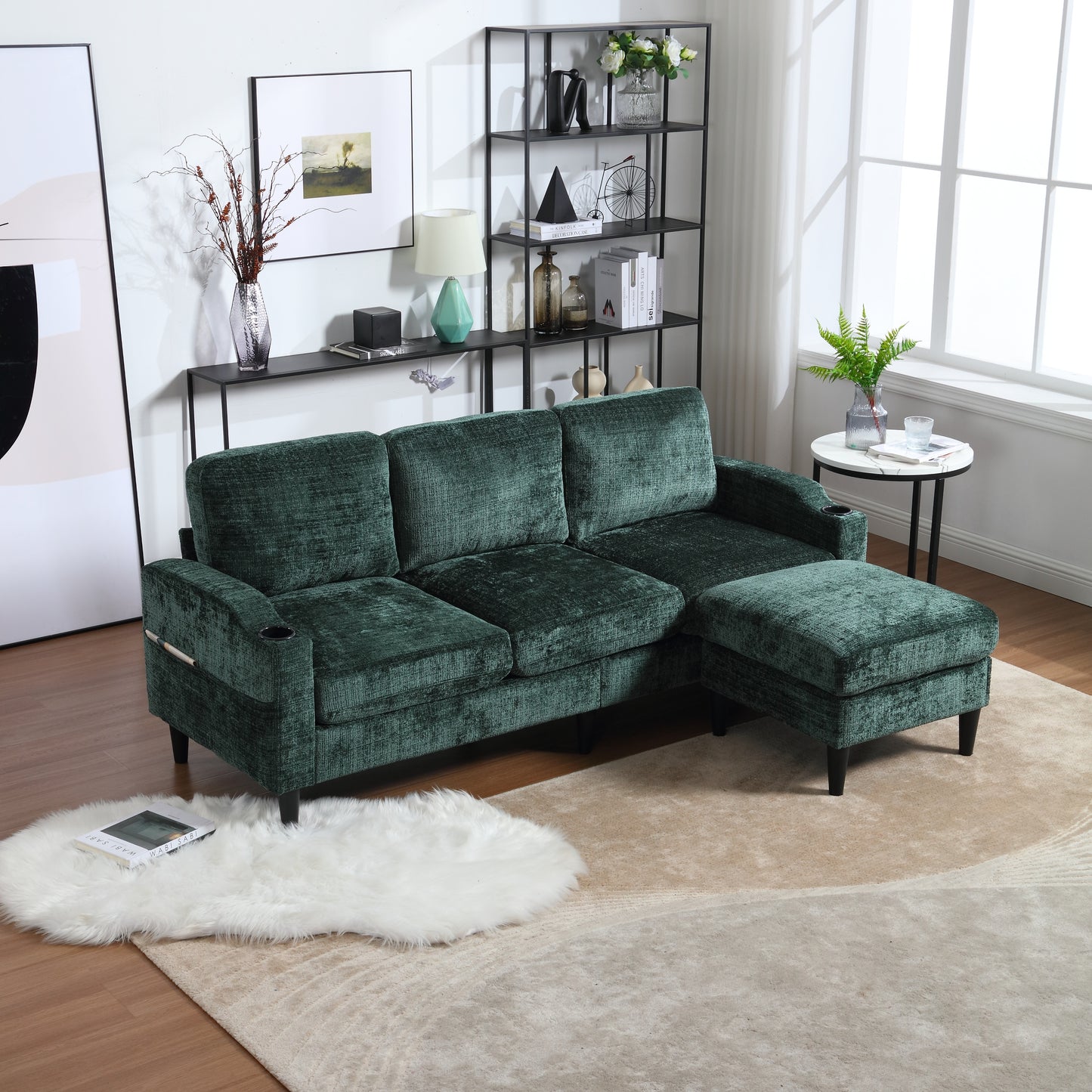 Sofa for three, solid wood frame, Chenille fabric, side pocket, with two cup holders, footstool with storagestorage sofa /Living room sofa cozy sectional sofa