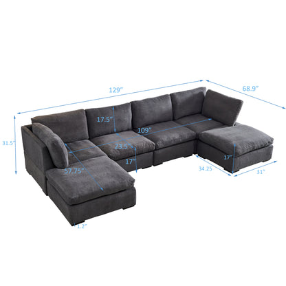 Modular Sofa with Ottoman,Filled with Down,Soft Linen Fabric,Dark Grey