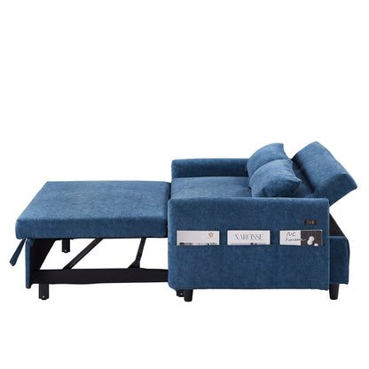 55.1" Pull Out Sleep Sofa Bed Loveseats Sofa Couch with Adjsutable Backrest, Storage Pockets, 2 Soft Pillows, USB Ports for Living Room, Bedroom, Apartment, Office, Blue (Old SKU WF307821AAC)