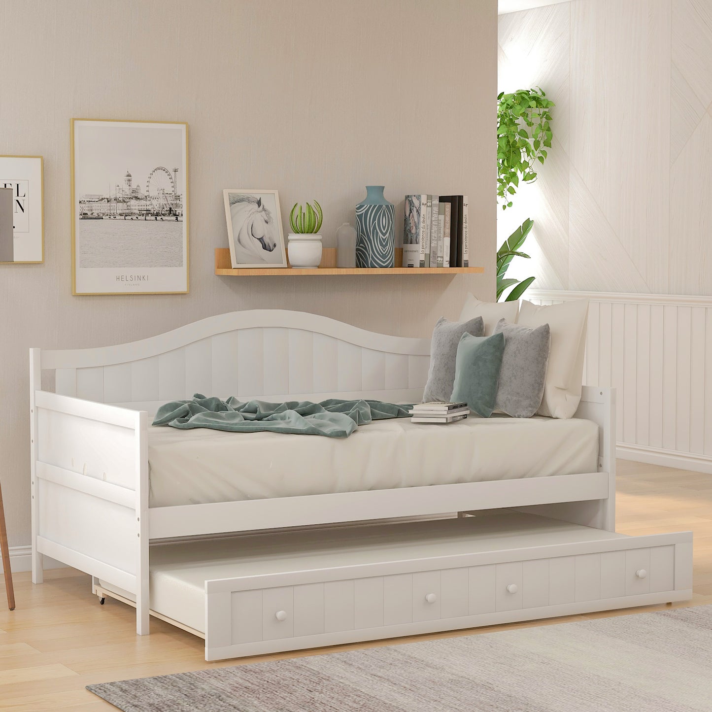 Wooden Daybed with Trundle Bed, Sofa Bed for Bedroom Living Room,White