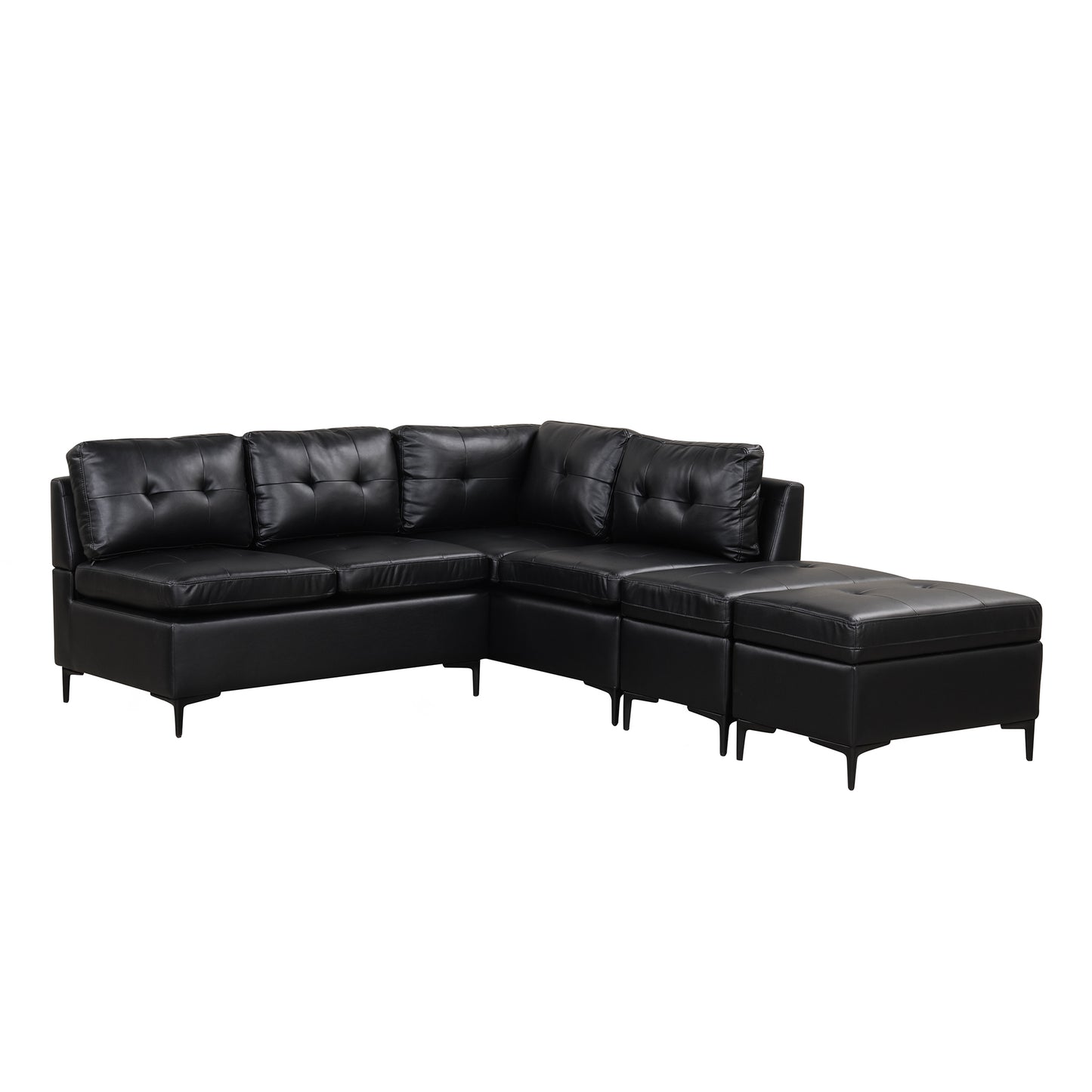 94.88" L-Shaped Corner Sofa Pu Leather Sectional Sofa Couch with Movable Storage Ottomans for Living Room, Black