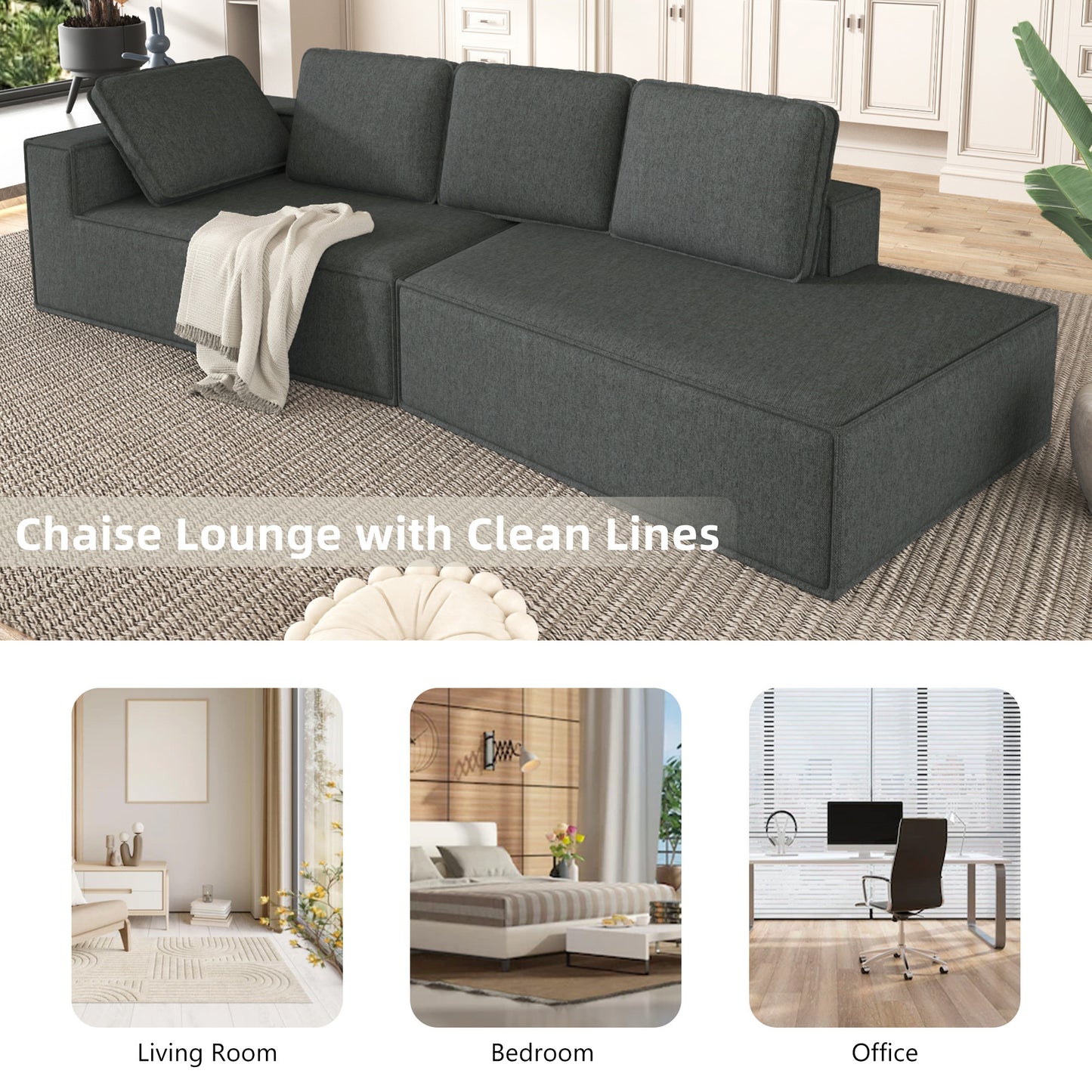 125" Stylish Chaise Lounge Modern Indoor Lounge Sofa Sleeper Sofa with Clean Lines for Living Room, Grey