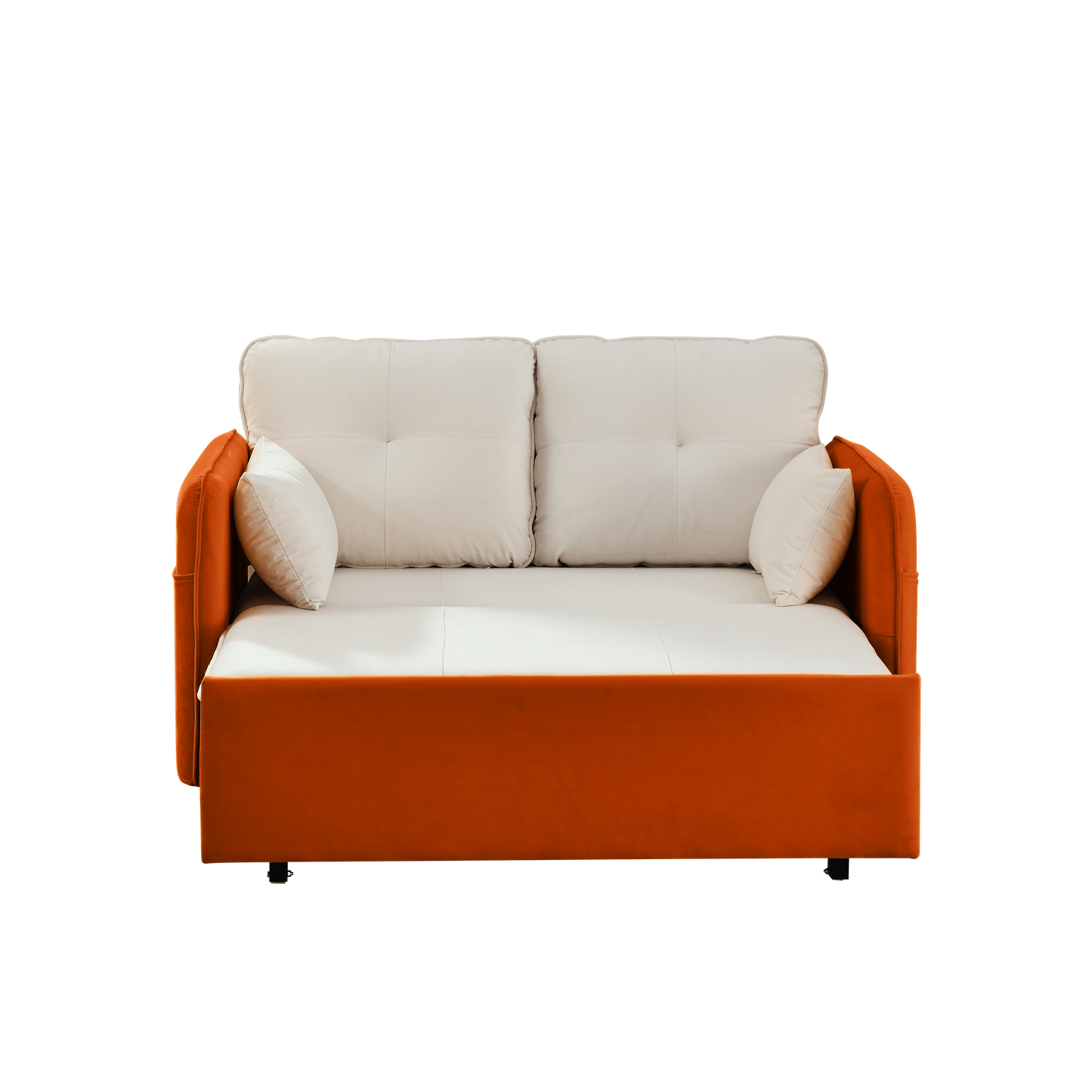 53" Modern Convertible Sofa Bed w/2 Removable Armrests w/USB Power Port, Velvet Recliner Adjustable Sofa w/Head Pull-Out Bed, 2 Pillows, For Living Room Apartment etc., White-Orange