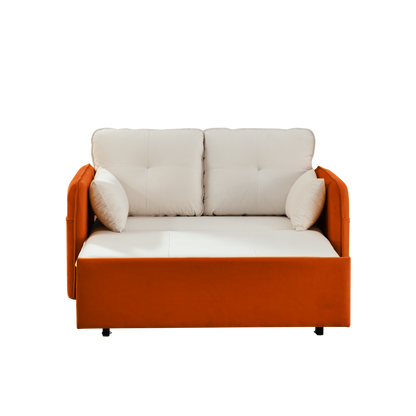 53" Modern Convertible Sofa Bed w/2 Removable Armrests w/USB Power Port, Velvet Recliner Adjustable Sofa w/Head Pull-Out Bed, 2 Pillows, For Living Room Apartment etc., White-Orange