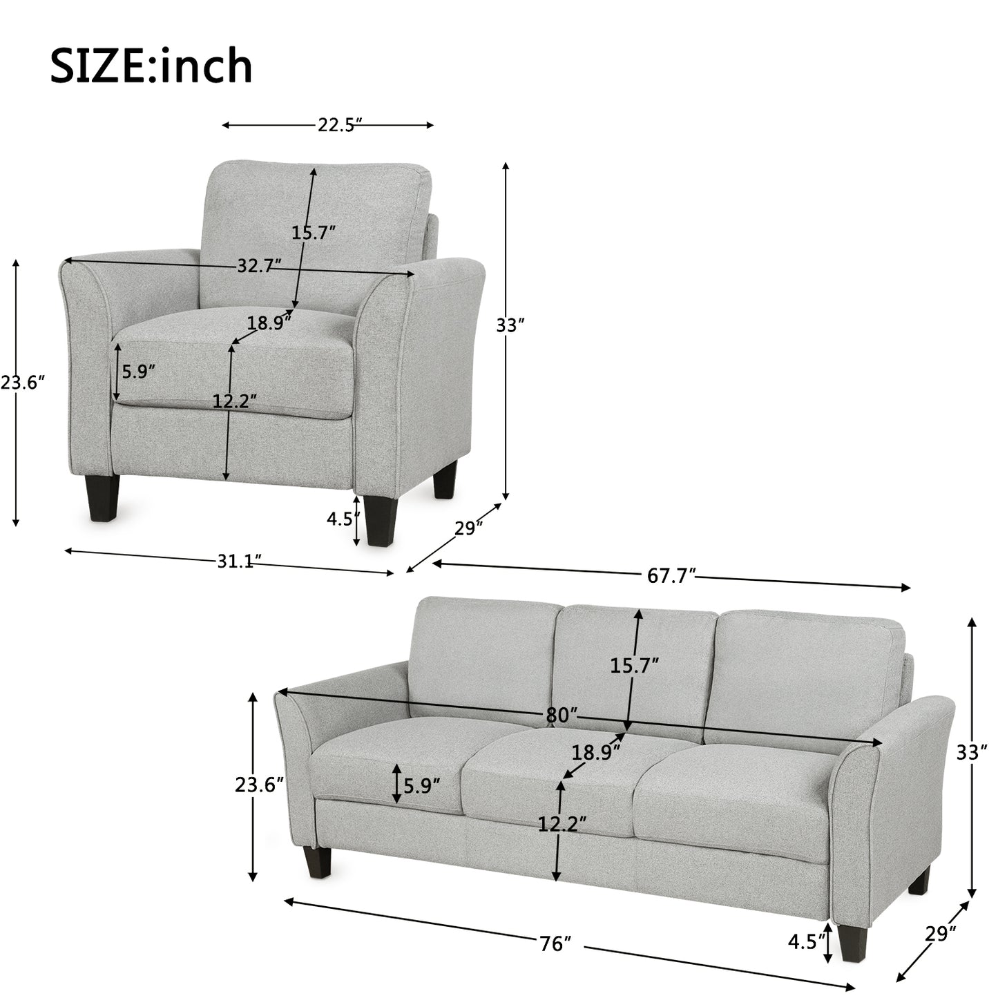 Living Room Furniture chair and 3-seat Sofa (Light Gray)