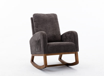 Rocking Chair, Modern Glider Chair, Recliner Armchair with Wood Legs and Side Pocket, Nursery Rocking Accent Chair with High Back for Living Room Bedroom (Dark Gray linen)