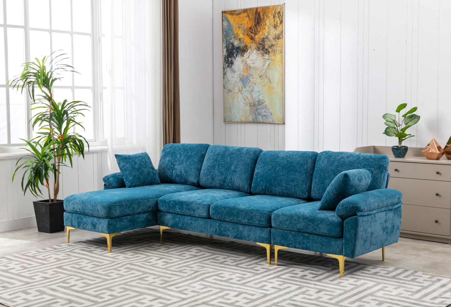 U-shape sectional sofa with Ottoman, Reversible Sofa Couch for Living Room,Spacious Furniture,Durable Couch Removable and machine washable cover (Light Blue Velvet)