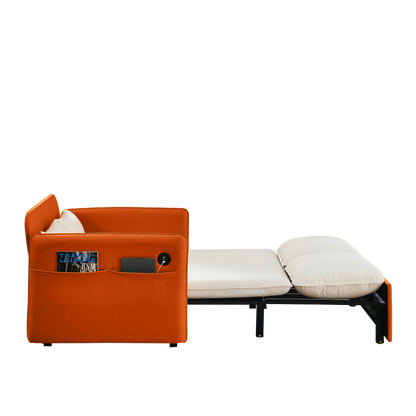 53" Modern Convertible Sofa Bed w/2 Removable Armrests w/USB Power Port, Velvet Recliner Adjustable Sofa w/Head Pull-Out Bed, 2 Pillows, For Living Room Apartment etc., White-Orange