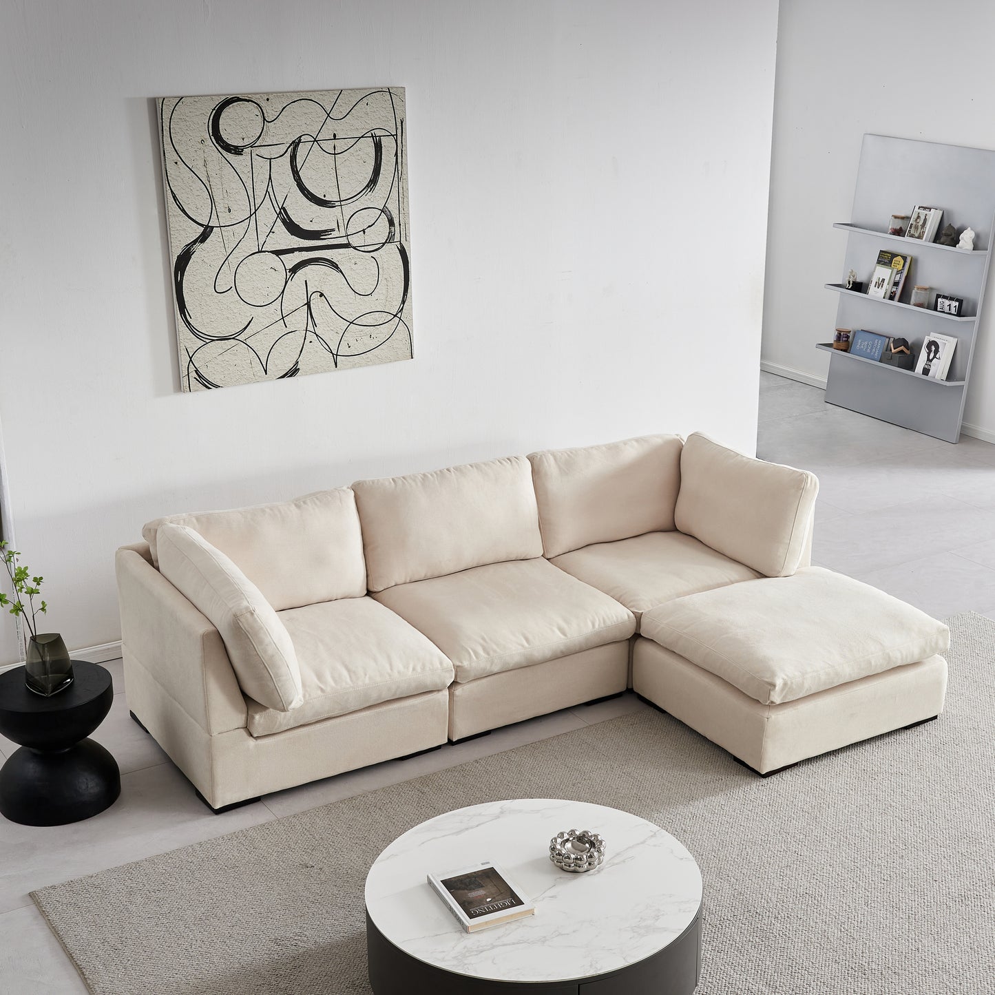 L Shape Modular Soft Fabric Sofa Filled with Down (Beige)