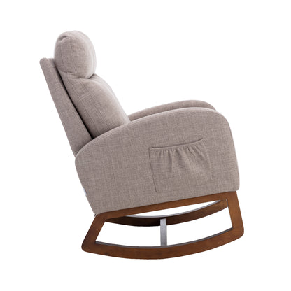 Rocking Chair, Modern Glider Chair, Recliner Armchair with Wood Legs and Side Pocket, Nursery Rocking Accent Chair with High Back for Living Room Bedroom (Grey linen)