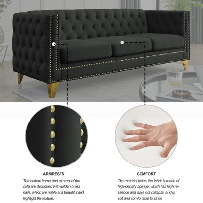 Velvet Sofa for Living Room,Buttons Tufted Square Arm Couch, Modern Couch Upholstered Button and Metal Legs, Sofa Couch for Bedroom, Black Velvet(W834S00022)