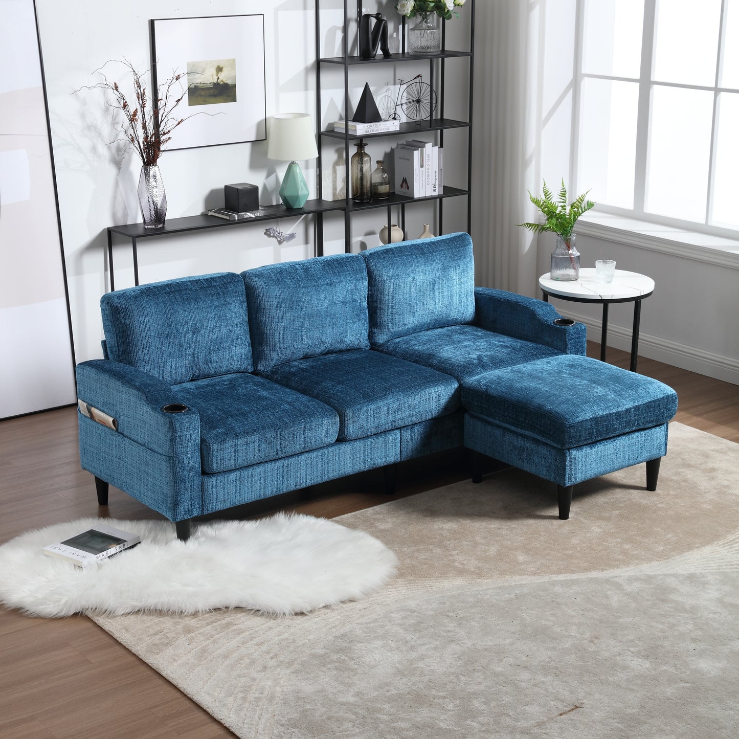 Sofa for three, solid wood frame, Chenille fabric, side pocket, with two cup holders, footstool with storagestorage sofa /Living room sofa cozy sectional sofa