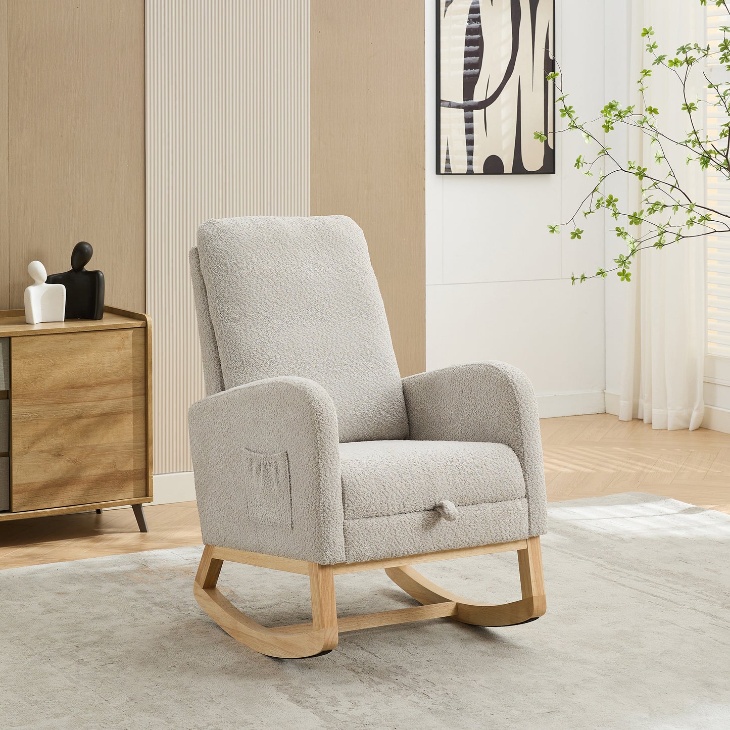 25.4"W Rocking Chair for Nursery, High Back Glider Chair with Retractable Footrest, Side Pocket, Rocking Accent Armchair with Rubber Wood Legs for Living Room/Bedroom.Light Gray