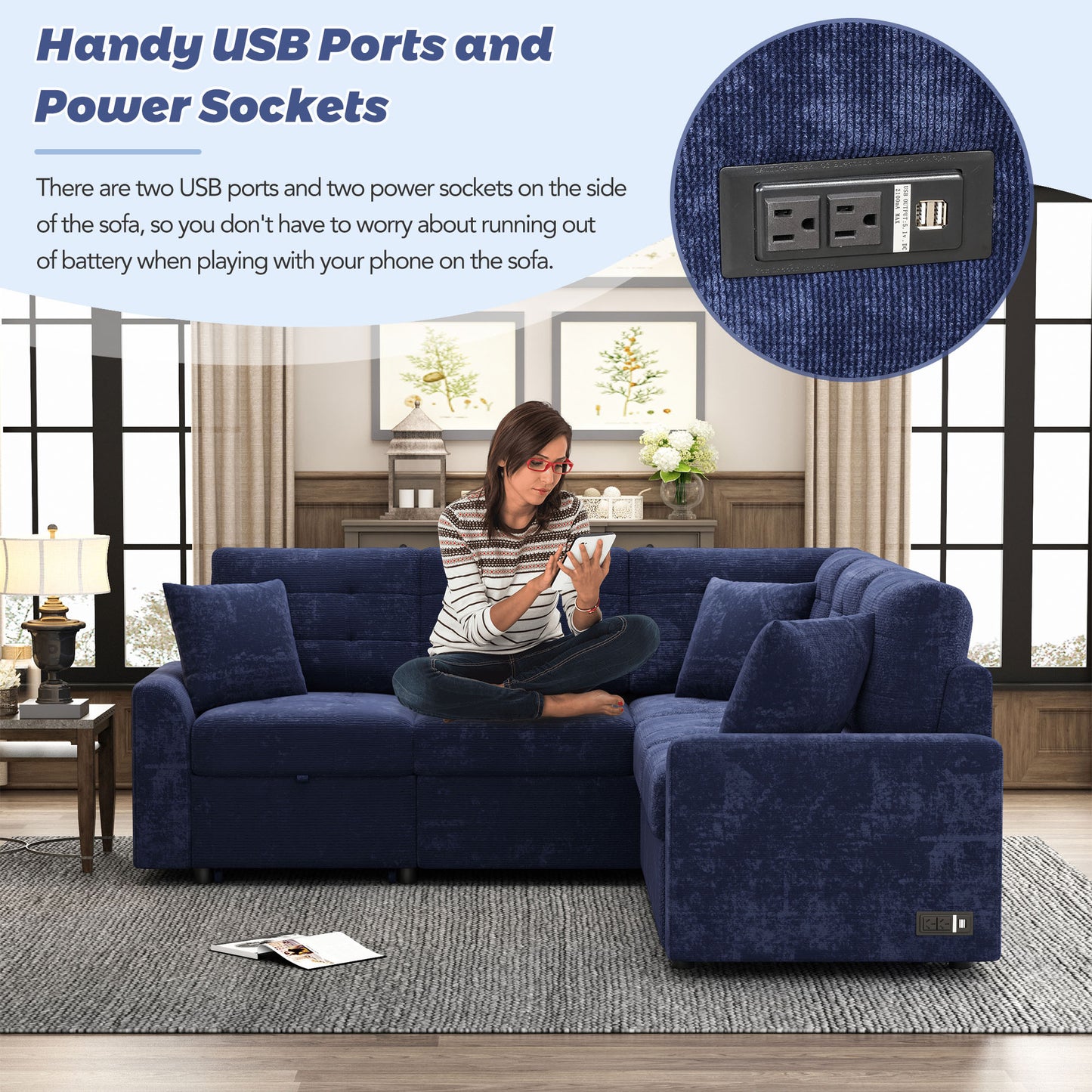 82.6" L-shape Sofa Bed Pull-out Sleeper Sofa with Wheels, USB Ports, Power Sockets for Living Room, Navy Blue