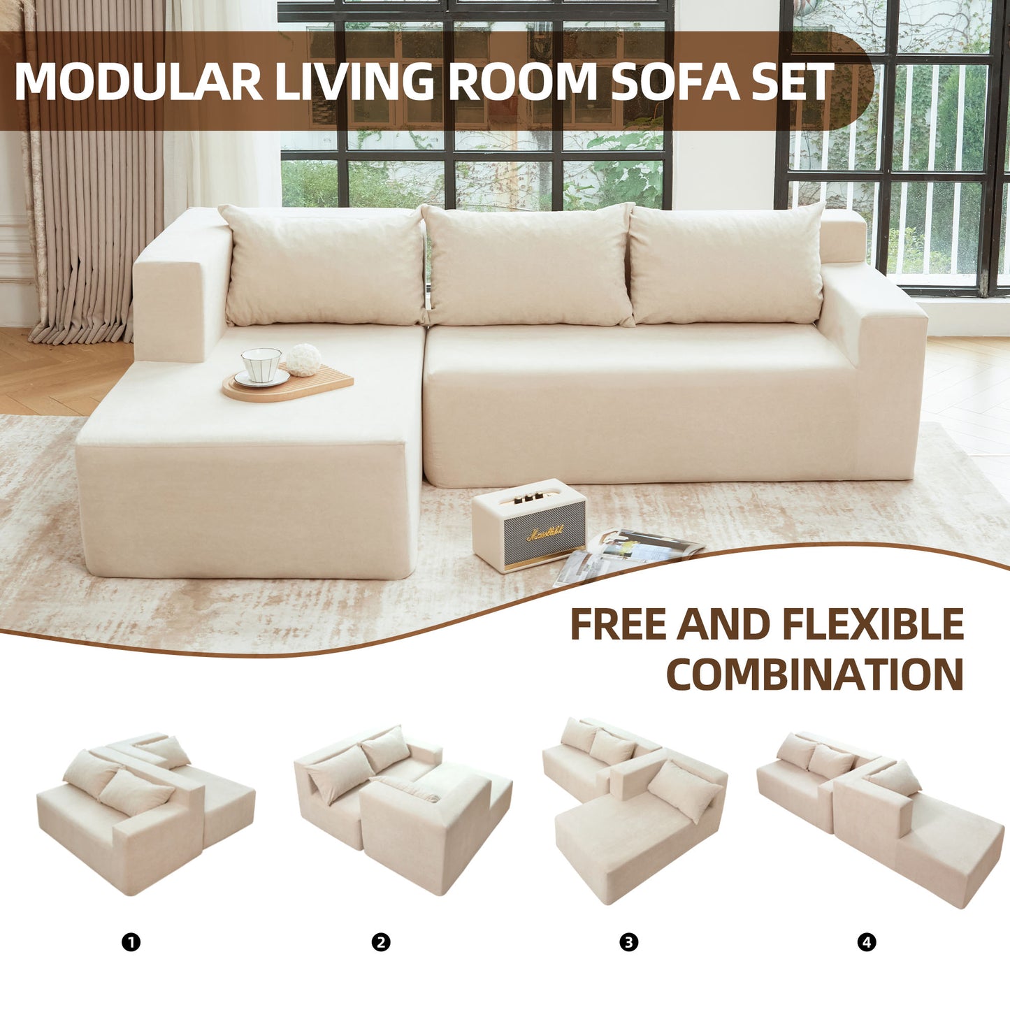 Sectional Couch Covers L Shape Sofa Covers, 2 Pcs Anti-Slip Sofa for 3 + 3 Seaters Chaise Cushion Couch with Pillowcases, Living Room foam sofa free installation