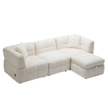 87.7" Sectional Sofa Cozy Teddy Fleece Fabric Sectional Sofa Couch with Two USB Ports a Movable Storage Ottoman and Two Lumbar Pillows for Living Room, Creamy White