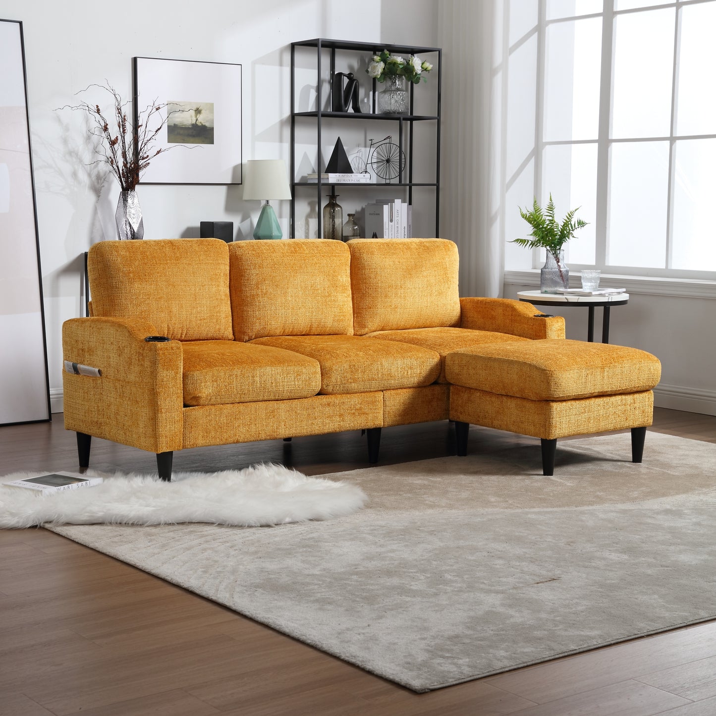 Sofa for three, solid wood frame, Chenille fabric, side pocket, with two cup holders, footstool with storagestorage sofa /Living room sofa cozy sectional sofa