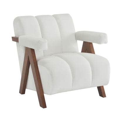 Mid Century Modern Accent Chair with Solid Wood Frame, Upholstered Living Room Chairs with Thick Cushion, Comfy Tufted Arm Chair for Bedroom, Living Room, Velvet, Ivory