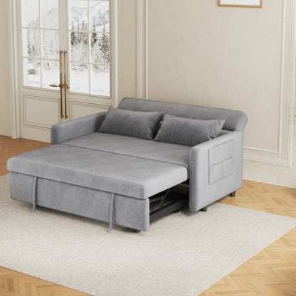 Sofa Pull Out Bed Included Two Pillows 54" Grey Velvet Sofa for Small Spaces