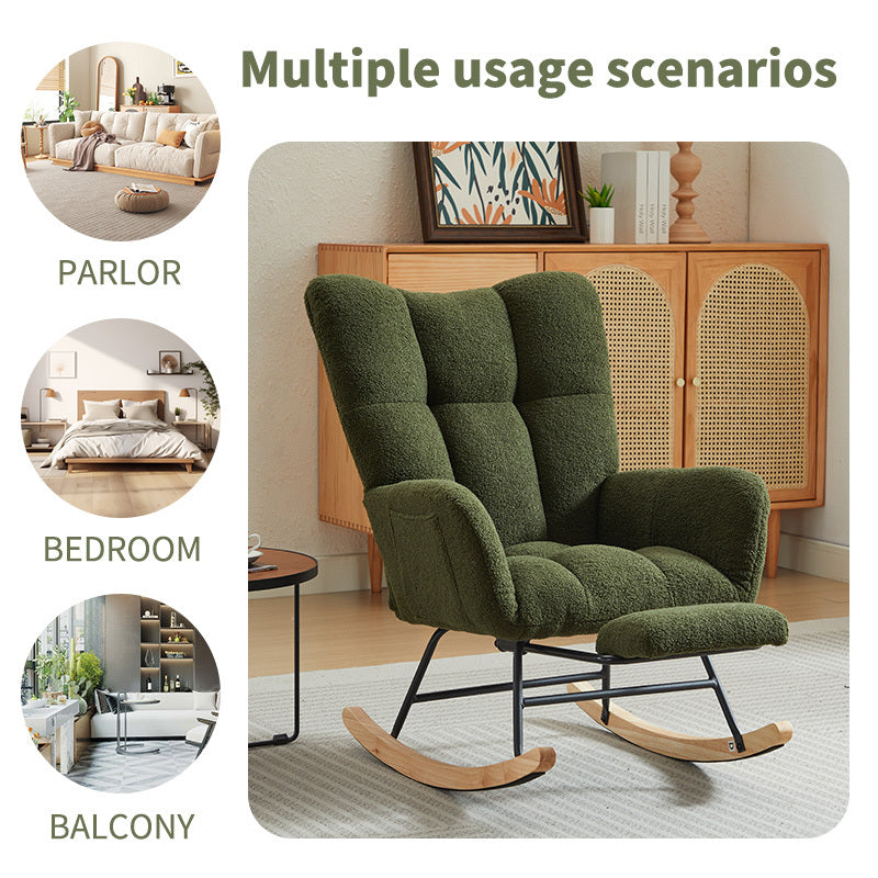 Modern Nursery Rocking Chair, Upholstered Glider Chair with High Backrest, Rocker Accent Armchair with Solid Wood Legs for Nursery Bedroom Living Room DRAK GREEN