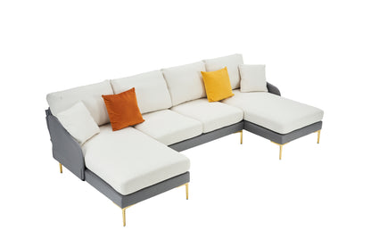 Modern large area Linen+Leathaire fabric color matching segmented sofa, ultra wide lounge chair, golden legs, U-shaped, gray+white