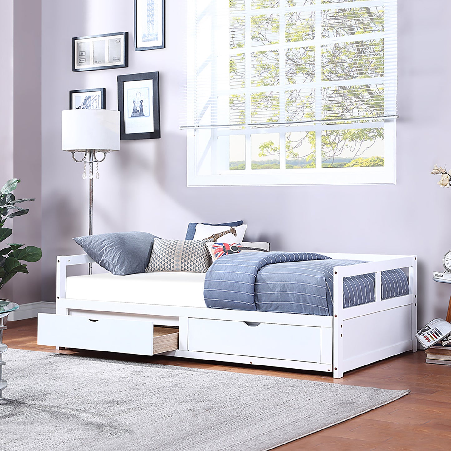 Wooden Daybed with Trundle Bed and Two Storage Drawers, Extendable Bed Daybed,Sofa Bed for Bedroom Living Room,White