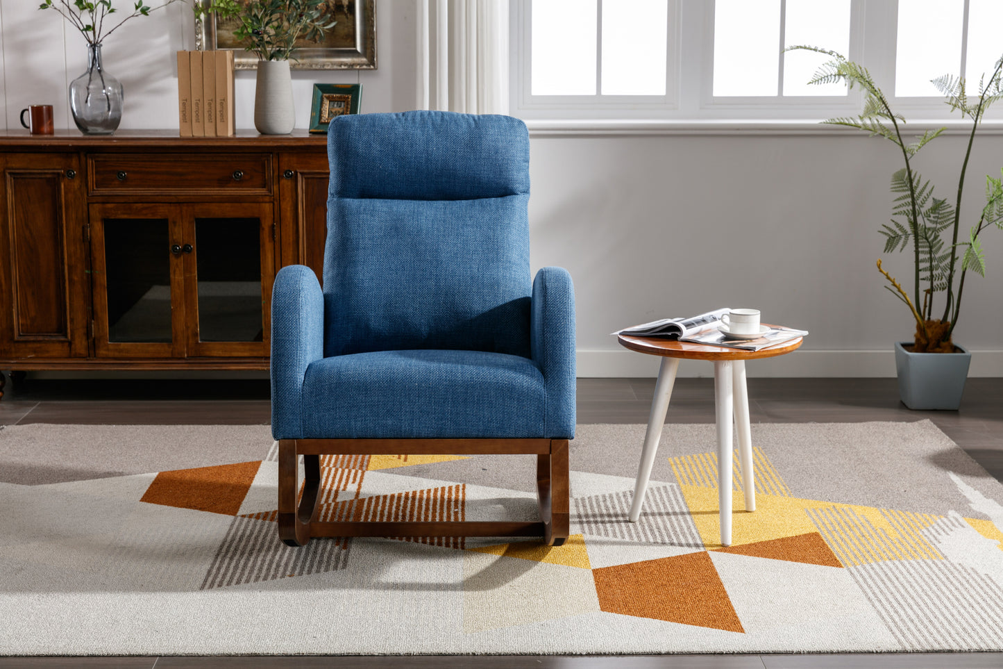 Rocking Chair, Modern Glider Chair, Recliner Armchair with Wood Legs and Side Pocket, Nursery Rocking Accent Chair with High Back for Living Room Bedroom (Blue linen)