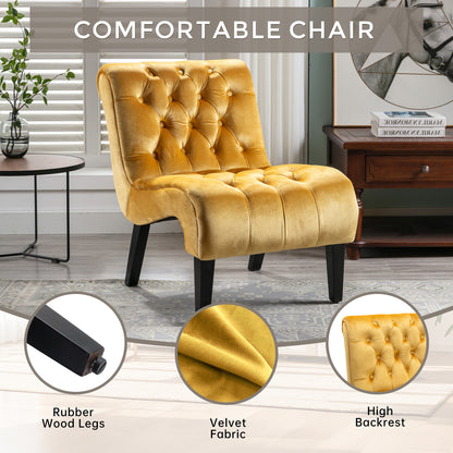 Modern Velvet Armless Accent Living Room Chair / Leisure Chair,Upholstered Fabric Button Comfortable Chair with Wooden Legs for Bedroom, Living Room, Office (Mustard Velvet)