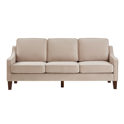 Modern 3 Person seat Sofa Couch with Scooped Armrest/Wood legs,Upholstered Velvet 3-seat Sofa with Removable Cushions for Livingroom Bedroom,Taupe