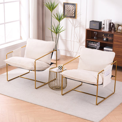 2 Chairs in 1 Box, Upholstered Hanging Armchair with Arm PocketsMetal frame, gold-plated craftsmanship, crushed foam cushions and skin-friendly woven fabric for living room and bedroom. Beige