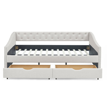 Full Size Daybed with Drawers Upholstered Tufted Sofa Bed, with Button on Back and Copper Nail on Waved Shape Arms, Beige (80.5''x55.5''x27.5'')