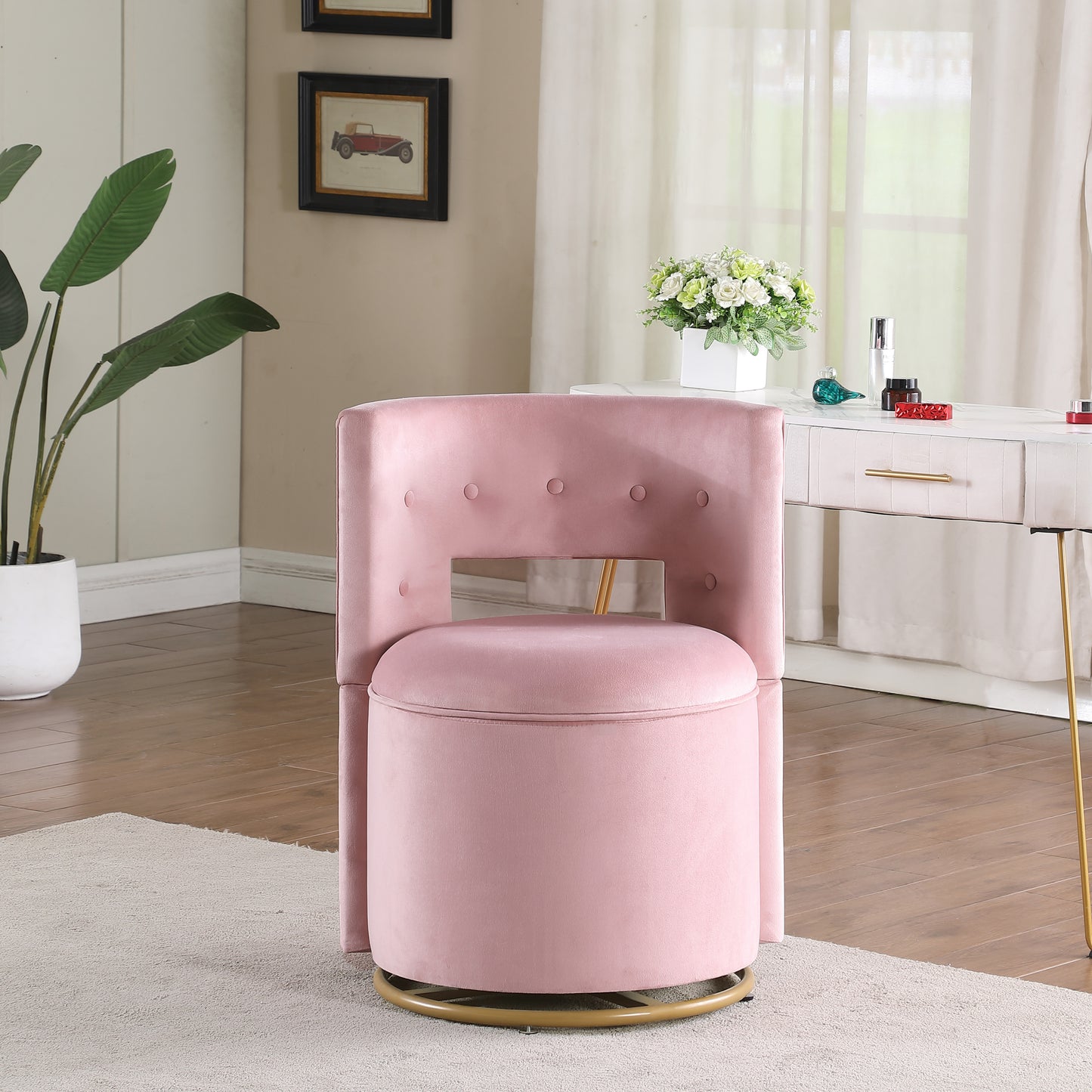 360° Swivel Accent Chair with Storage Function, Velvet Curved Chair with Gold Metal Base for Living Room, Nursery, Bedroom