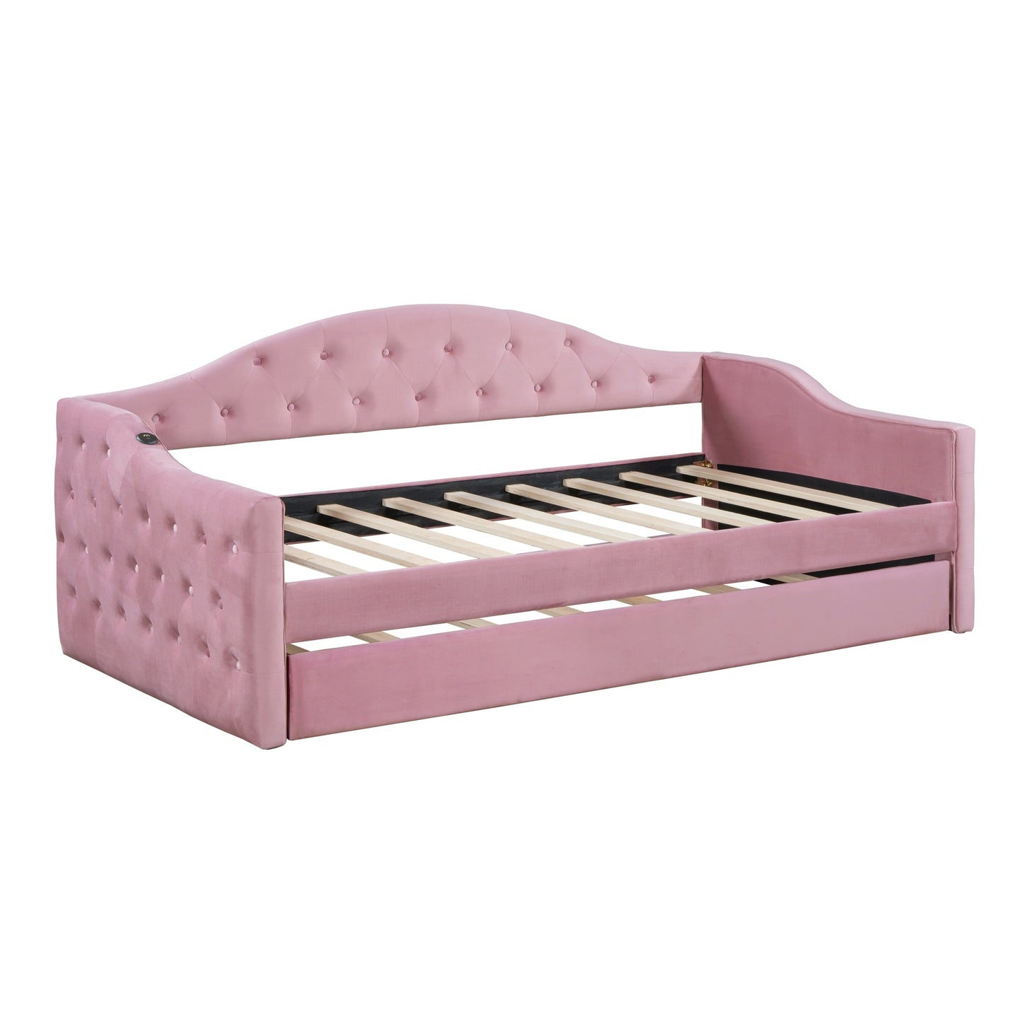 Size Tufted Upholstered Daybed with Trundle,Velvet Sofabed with USB&Type-C Charging Ports,No Box-spring Needed, Pink