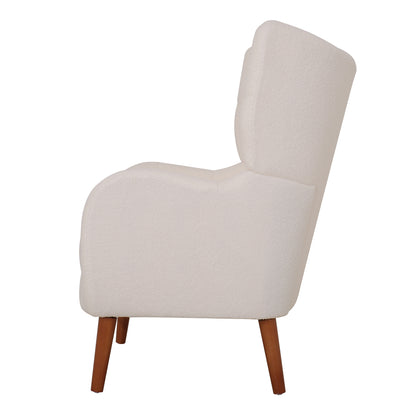 Mid-Century Accent Chair, Ivory White, Modern Retro Club Chair, Birch Frame, Upholstered Teddy Wool Fabric, Single Sofa Armchair for Small Spaces, Living Room, Bedroom, Reading Corner, Balcony,Office