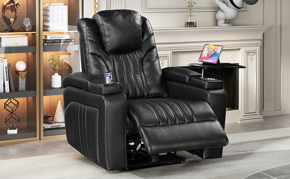 PU Leather Power Recliner Home Theater Recliner with Power Adjustable Headrest, Wireless Charging Device, USB Port, Storage Arms, Cup Holder and Swivel Tray Table for Living Room, Black