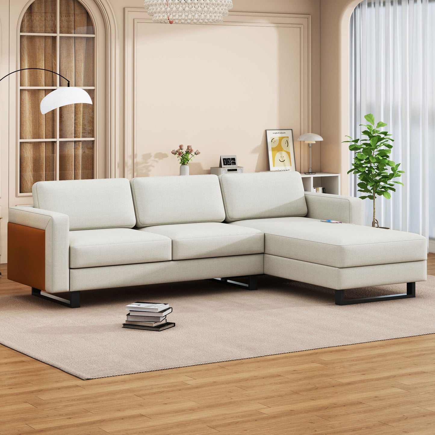 SOFA The best choice products upholstered sectional sofa for families, apartments, dormitories, award rooms, compact space with chaise longue, 3 seats, L-shaped design, off-white